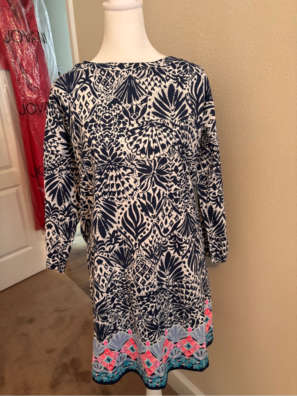 Lilly Pulitzer Navy and White Printed Shift Dress with Pink and Aqua Hem